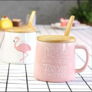 Beautiful flamingo mugs with wooden spoon and lad